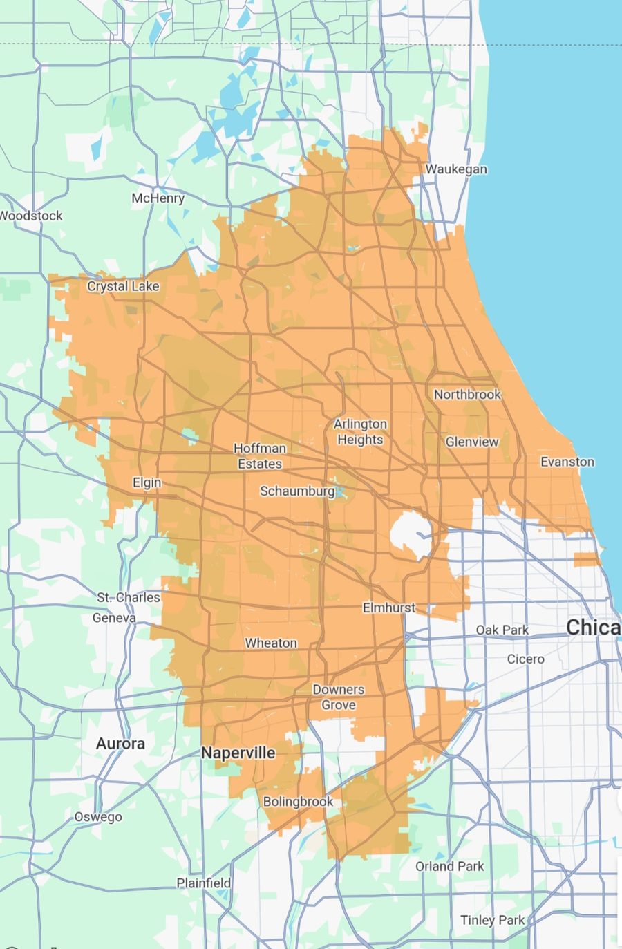 Map of the MDM Plumbing & Sewer service area across the northwest and west Chicagoland suburbs — Elk Grove Village, Schaumburg, Arlington Heights, Wheaton, Naperville, and more.